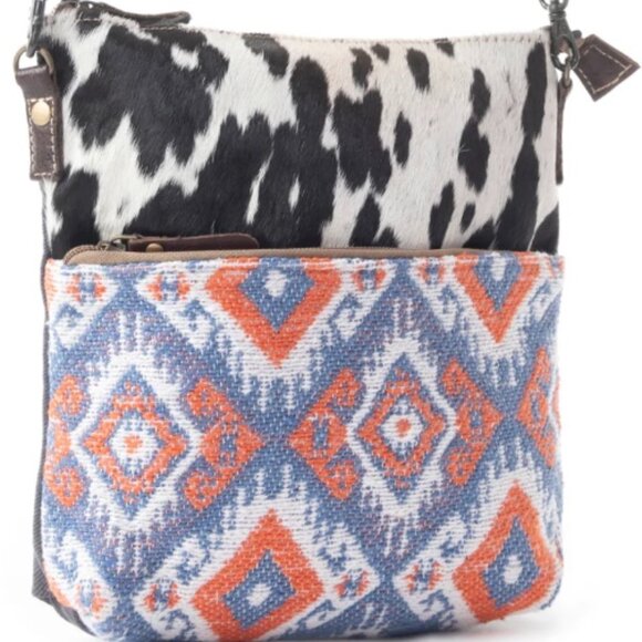 Myra Bag Cotton, Hair On Leather & Canvas "Blue Corals" Small Crossbody Bag New - Picture 3 of 9